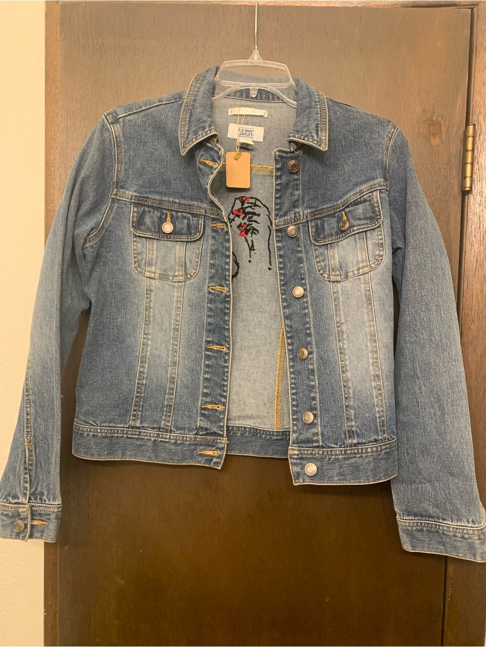 Old Navy Light Blue Denim Jean Jacket with Red Embroidery